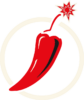 Logo de marque de mode audacieuse avec piment rouge explosif et étincelle, symbolisant un style irrévérencieux et des accessoires tendance pour des messages percutants.