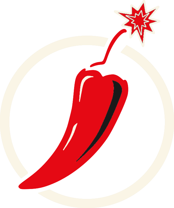Logo de marque de mode audacieuse avec piment rouge explosif et étincelle, symbolisant un style irrévérencieux et des accessoires tendance pour des messages percutants.