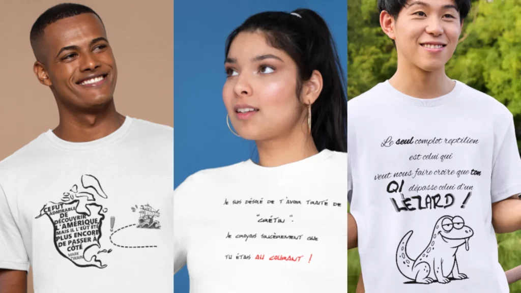 Femme et deux hommes portant des T-shirts à messages humoristiques politiquement incorrects, symbolisant les niveaux Second Degré, Shocking et Extrême de la mode satirique The Shocking Company.