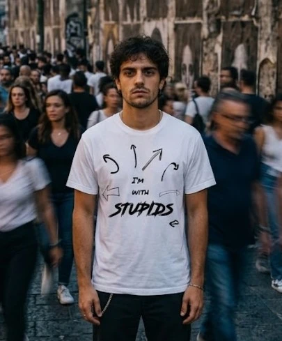 Jeune homme dans une foule portant un t-shirt humour noir "I am with stupids" de la collection The Shocking Company