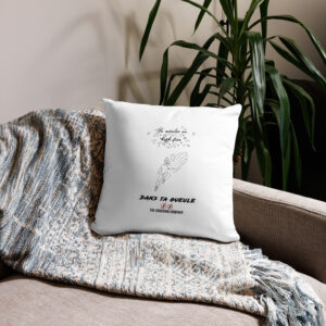 Housse de coussin seule avec le message « Tu mérites un high-five dans ta gueule », des petits cœurs et un homme lançant une claque géante.