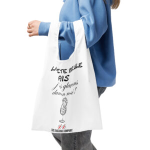 Sac de course blanc avec design noir montrant la phrase « La planète brûle mais j’ai des glaçons dans mon rosé ! » et une planète en flammes dans un verre.