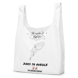 Sac de courses avec le message « Tu mérites un high-five dans ta gueule », des petits cœurs et un homme lançant une claque géante.