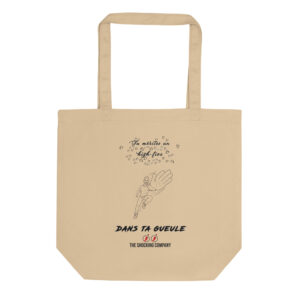 Éco tote bag avec le message « Tu mérites un high-five dans ta gueule », des petits cœurs et un homme lançant une claque géante.