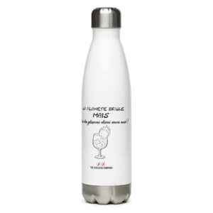 Gourde blanche en acier de 500 ml avec la phrase « La planète brûle mais j’ai des glaçons dans mon rosé ! » et une planète en flammes dans un verre.