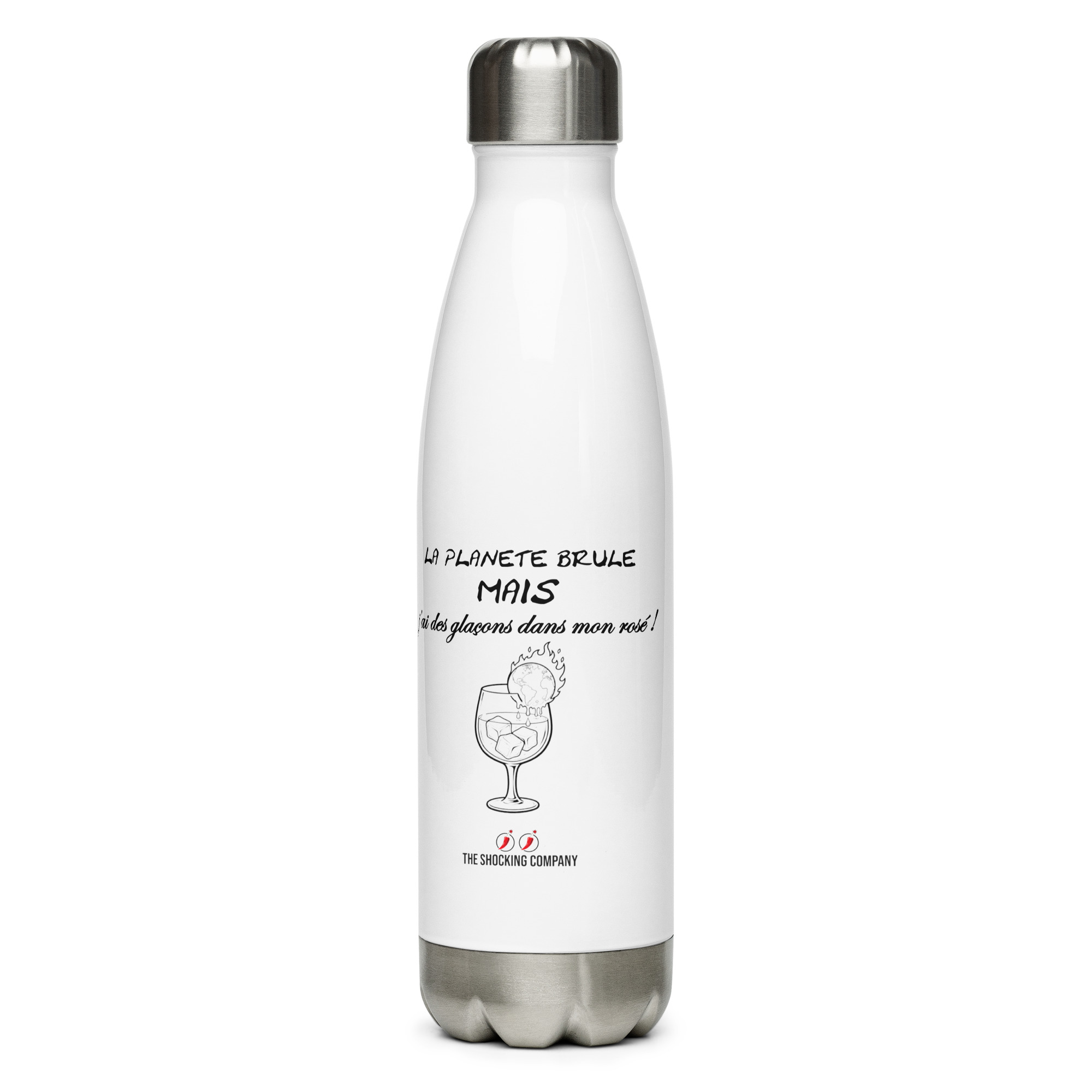 Gourde blanche en acier de 500 ml avec la phrase « La planète brûle mais j’ai des glaçons dans mon rosé ! » et une planète en flammes dans un verre.