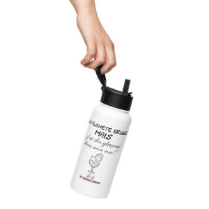 Gourde blanche de 950 ml avec paille noire, imprimée de la phrase « La planète brûle mais j’ai des glaçons dans mon rosé ! » et d’une planète en flammes dans un verre.