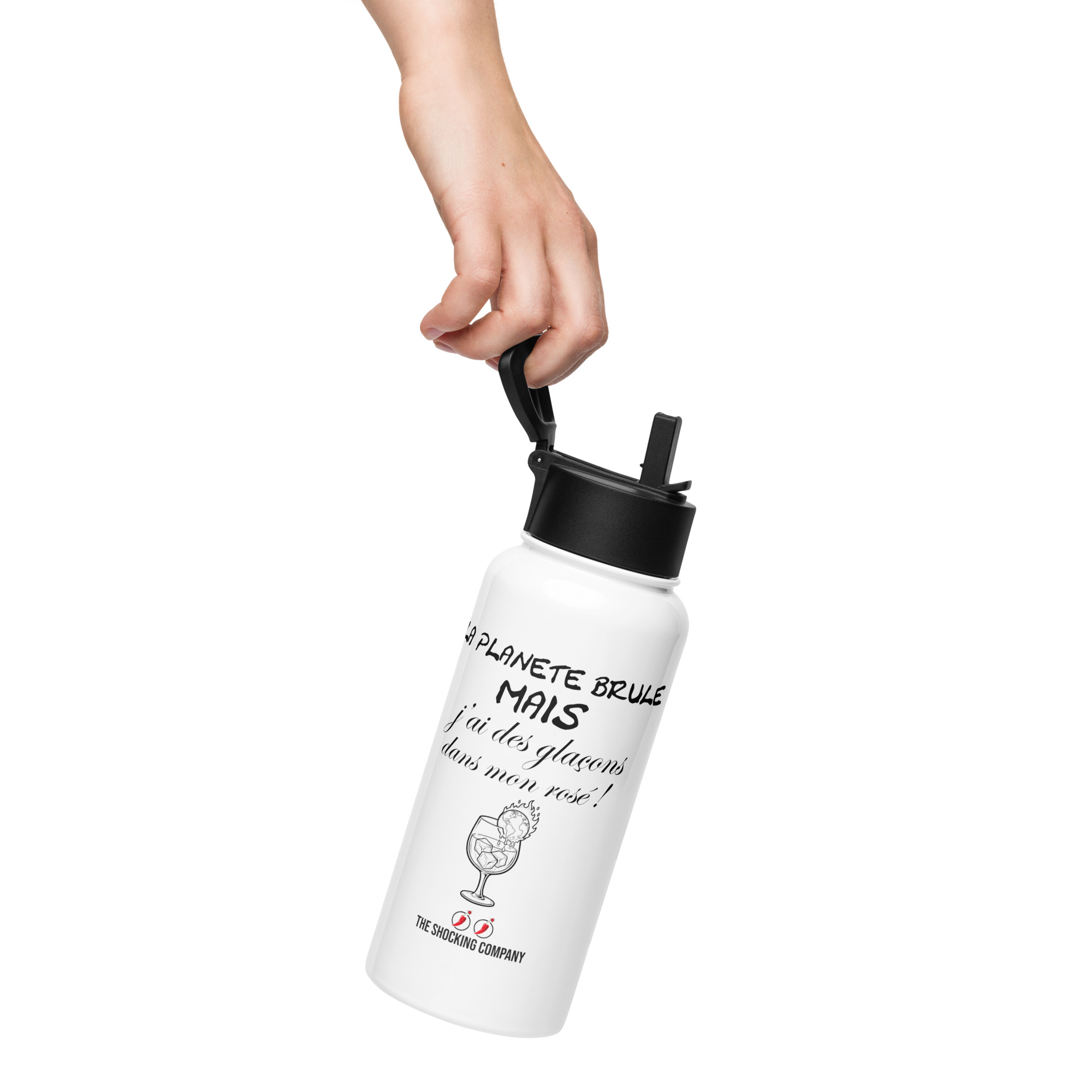 Gourde blanche de 950 ml avec paille noire, imprimée de la phrase « La planète brûle mais j’ai des glaçons dans mon rosé ! » et d’une planète en flammes dans un verre.