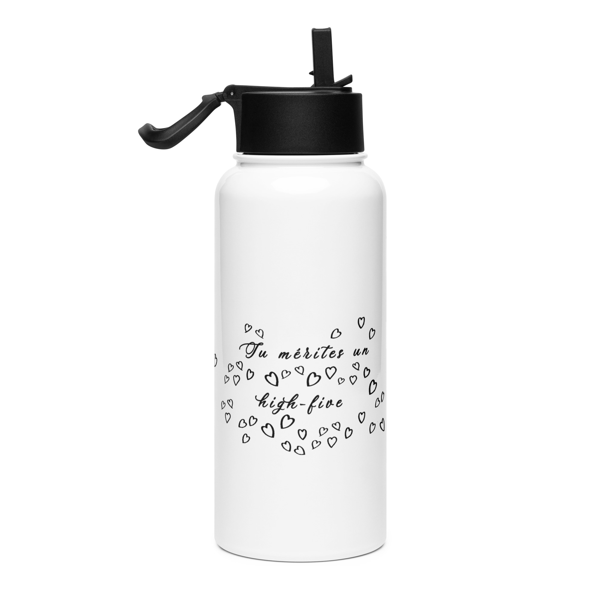 ourde 950 ml avec paille intégrée au bouchon, imprimée du message « Tu mérites un high-five dans ta gueule », avec des petits cœurs et un homme lançant une claque géante