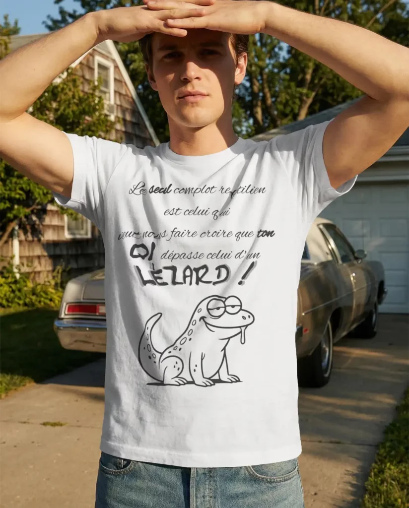 T-shirt blanc homme "Le seul complot reptilien est celui qui veut nous faire croire que ton QI dépasse celui d'un lézard" avec illustration lézard - The Shocking Company