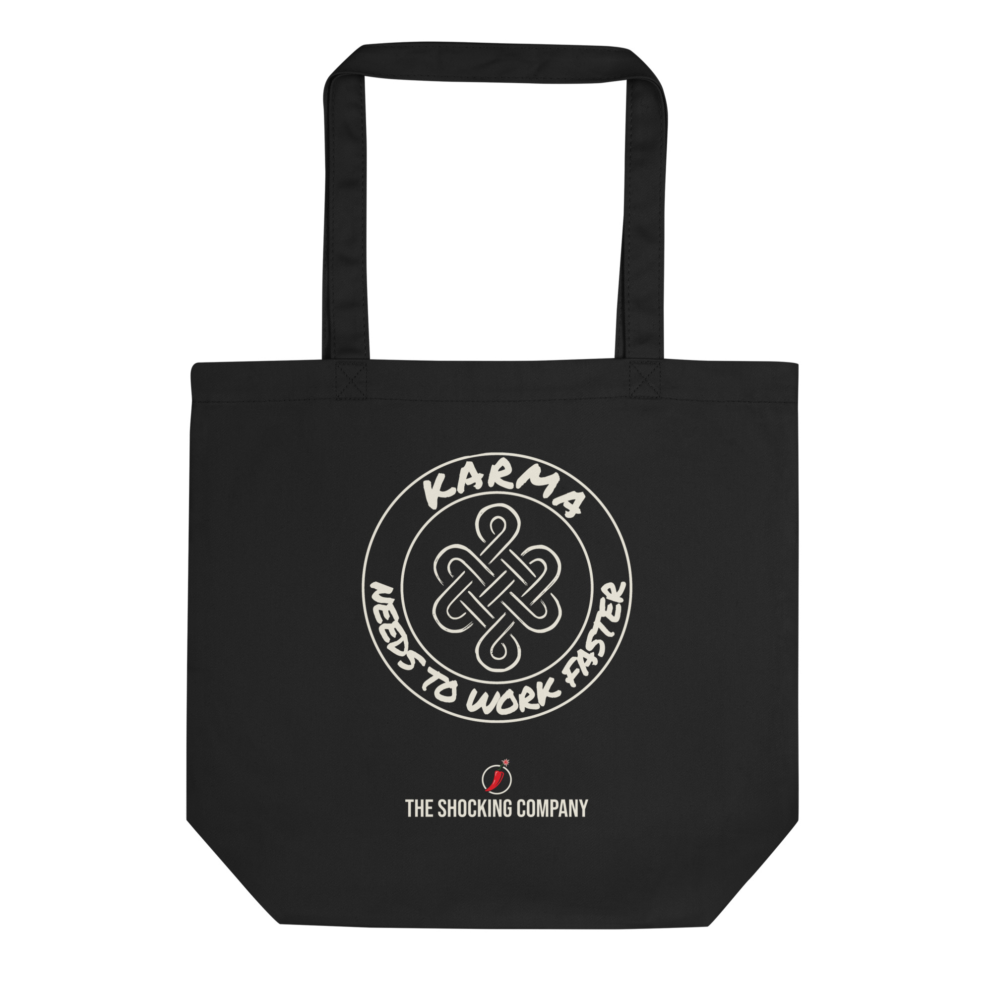 Tote bag avec nœud sans fin entouré de l’inscription « Karma needs to work faster » dans une composition circulaire.