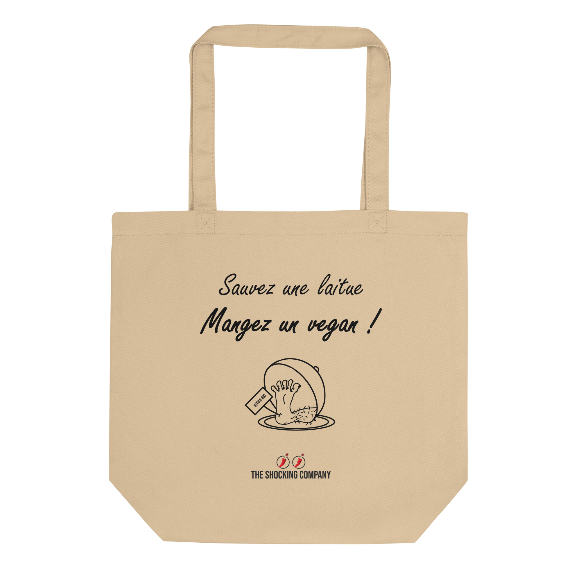 Tote bag « Sauvez une laitue, mangez un vegan ! » avec un couvercle soulevé révélant un pied portant une étiquette « vegan bio ».
