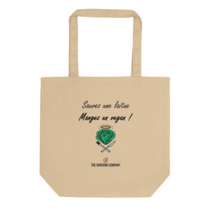Tote bag « Sauvez une laitue, mangez un vegan ! » avec une laitue auréolée au-dessus d’une fourchette et d’un couteau croisés.
