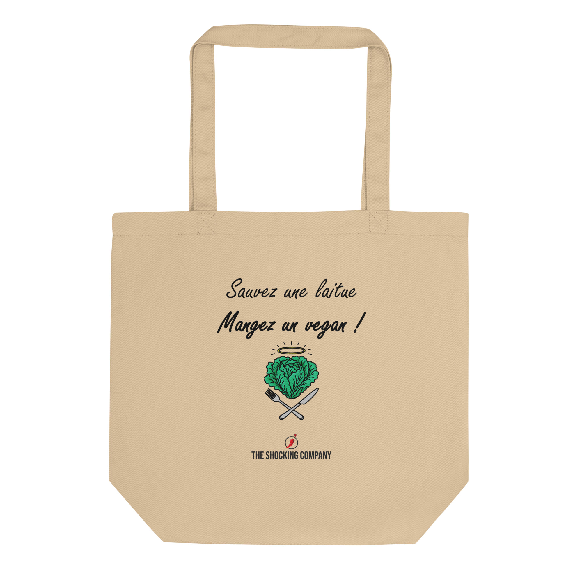 Tote bag « Sauvez une laitue, mangez un vegan ! » avec une laitue auréolée au-dessus d’une fourchette et d’un couteau croisés.