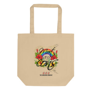 Tote bag en coton bio avec le message “Mort aux cons” sur un design coloré composé de fleurs tropicales, d’un arc-en-ciel et d’étoiles.