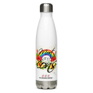 Gourde 500 ml avec le message “Mort aux cons”, décorée de fleurs tropicales, d’un arc-en-ciel et d’étoiles, avec design imprimé des deux côtés.