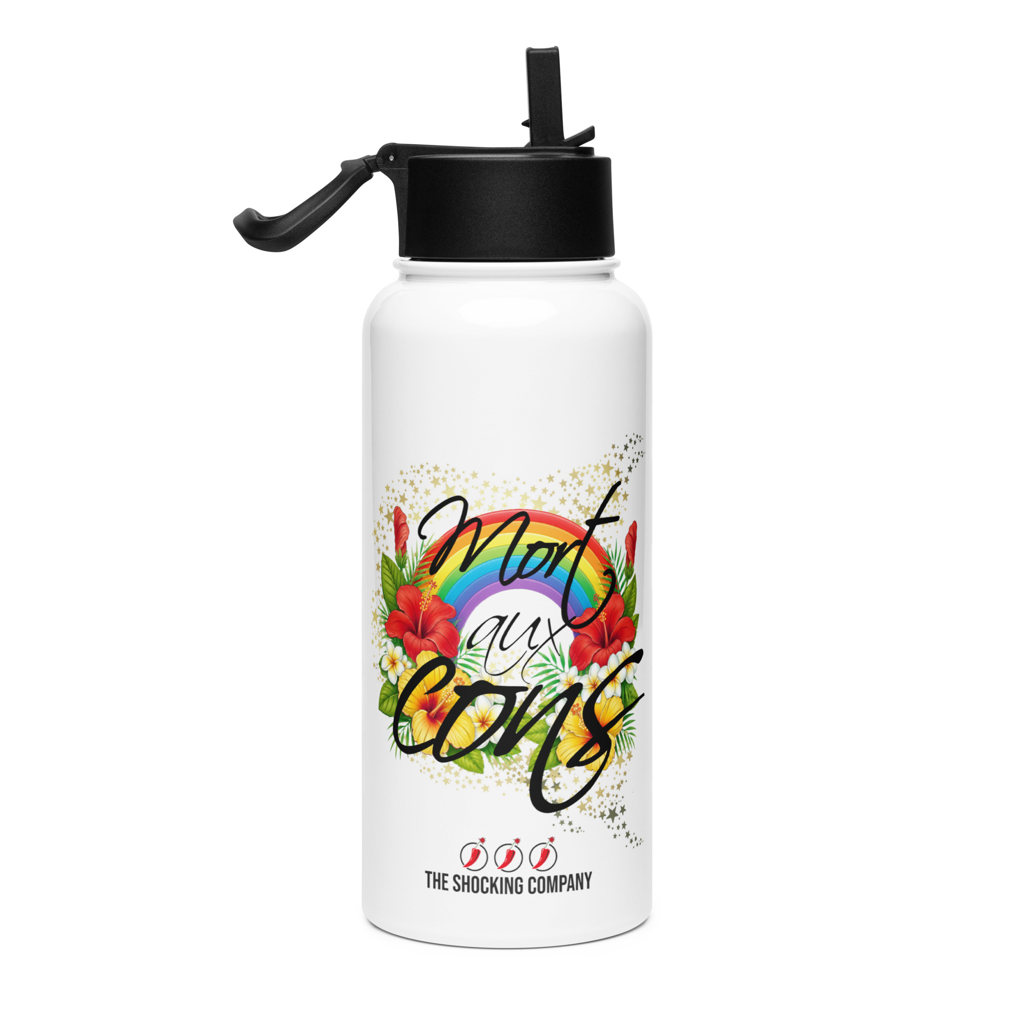 Gourde 1 L avec paille décorée du message “Mort aux cons” avec fleurs tropicales, arc-en-ciel et étoiles, design imprimé des deux côtés.