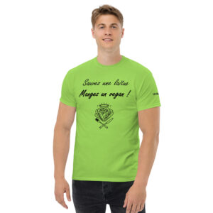Design humoristique représentant une laitue auréolée au-dessus d’une fourchette et d’un couteau croisés, pour la punchline « Sauvez une laitue, mangez un vegan ! ».