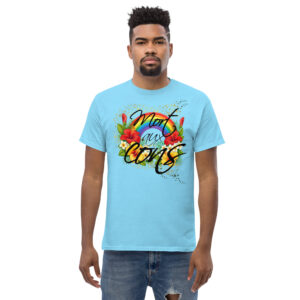 T-shirt col rond avec l’inscription “Mort aux cons” sur un design coloré composé d’un arc-en-ciel, de fleurs tropicales et d’étoiles.
