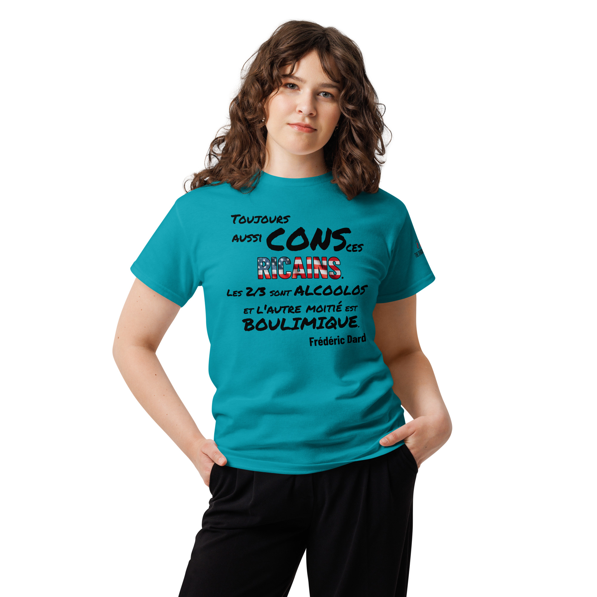 Design pour t-shirt avec le mot « RICAINS » en grandes lettres capitales remplies du drapeau américain sur fond noir.