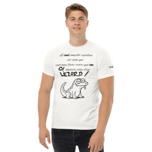 T-shirt noir avec design humoristique sur le complot reptilien, montrant un lézard idiot et baveux sous le mot « LÉZARD ! »