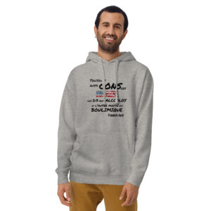 Hoodie noir avec le mot « RICAINS » en grandes lettres capitales remplies du drapeau américain.