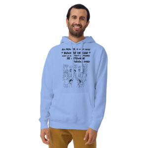 Hoodie illustré de la citation de Frédéric Dard « Bougre de con », avec plusieurs passants dans une rue qui se retournent comme s’ils étaient concernés.