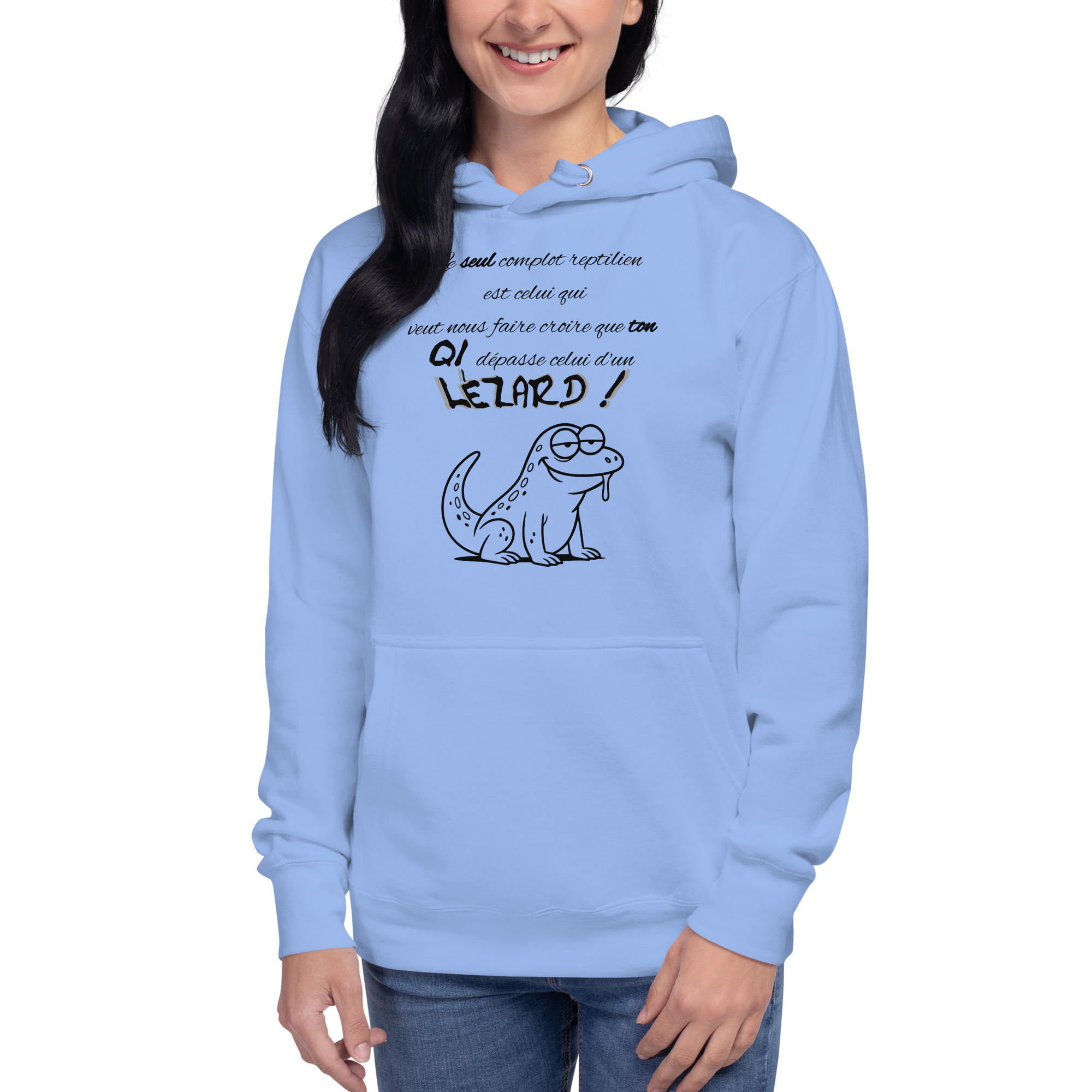 Hoodie avec design sarcastique sur le complot reptilien représentant un lézard stupide et baveux accompagné du mot « LÉZARD ! ».