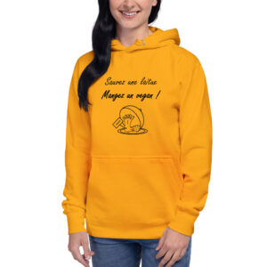 Hoodie humoristique avec la phrase « Sauvez une laitue, mangez un vegan ! » et un dessin montrant un couvercle soulevé révélant un pied étiqueté « vegan bio ».
