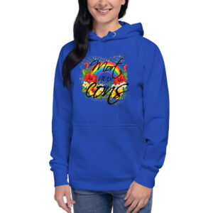 Hoodie avec l’inscription “Mort aux cons” entourée de fleurs tropicales colorées, d’un arc-en-ciel et d’étoiles.