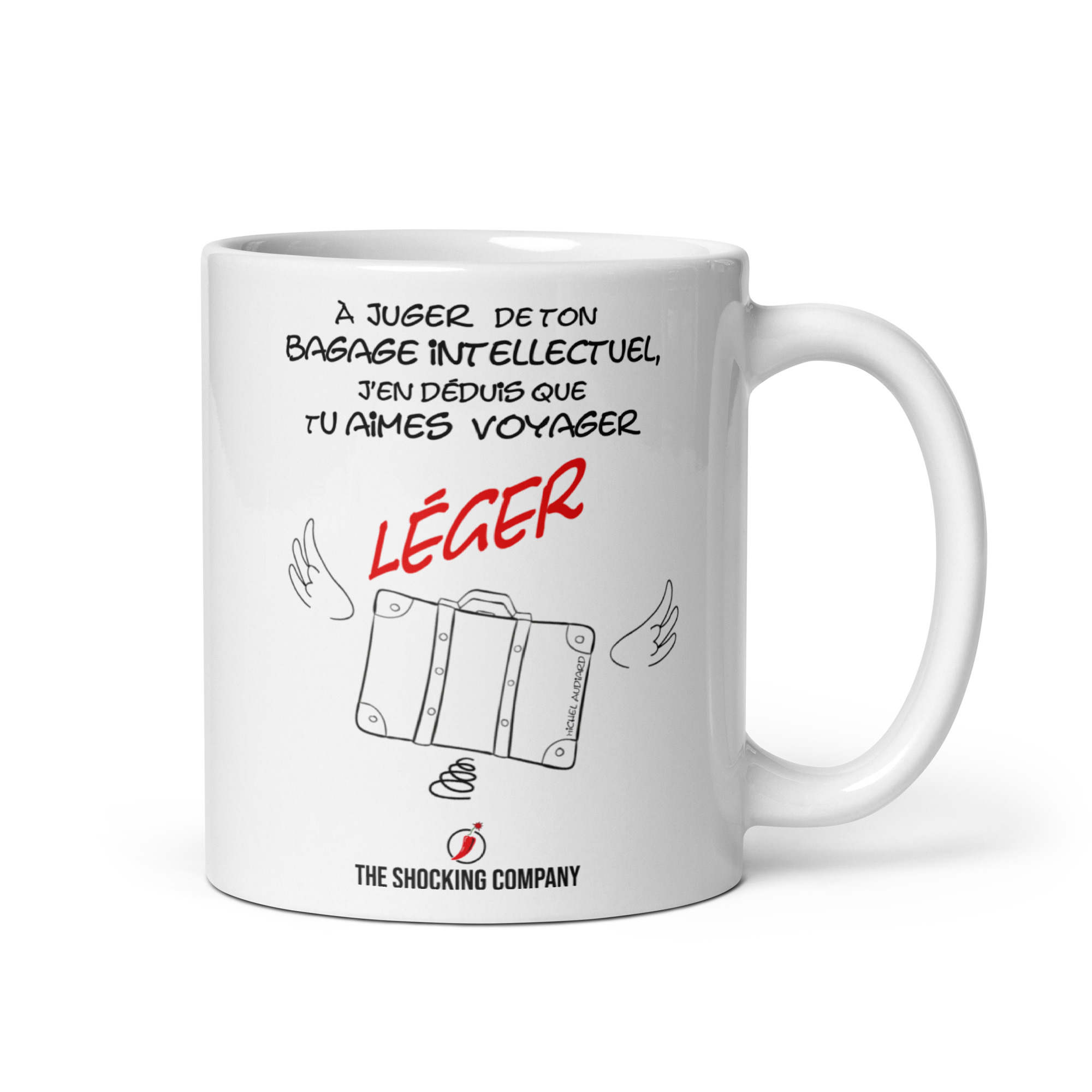 Tasse avec citation sarcastique sur le bagage intellectuel et mot « LÉGER » mis en avant en rouge.