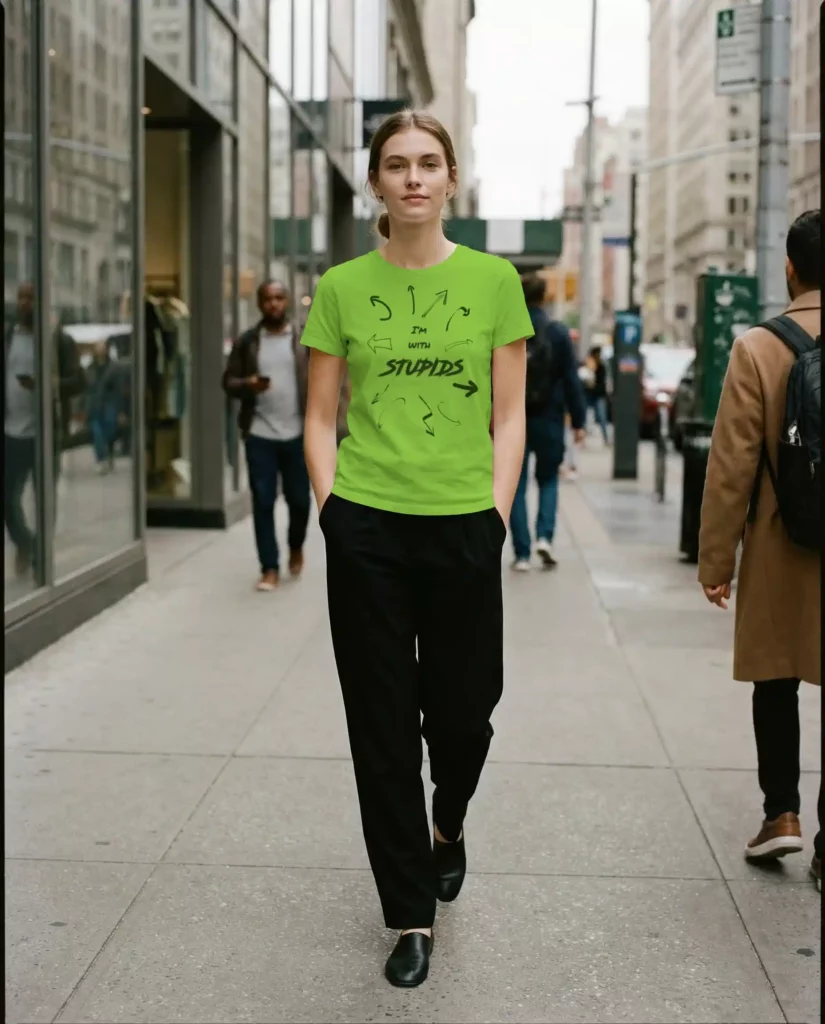 Tee-shirt vert vif imprimé du slogan « I'm with stupids » entouré de flèches dessinées à la main dans toutes les directions