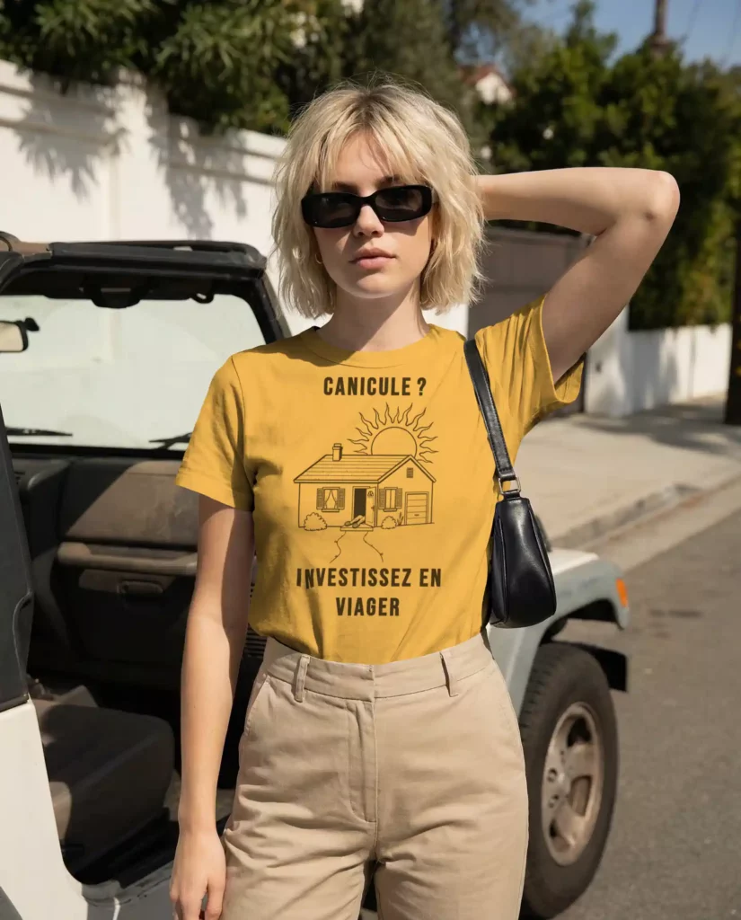 T-shirt jaune moutarde imprimé « Canicule ? Investissez en viager » et d'une maison dessinée sous un grand soleil