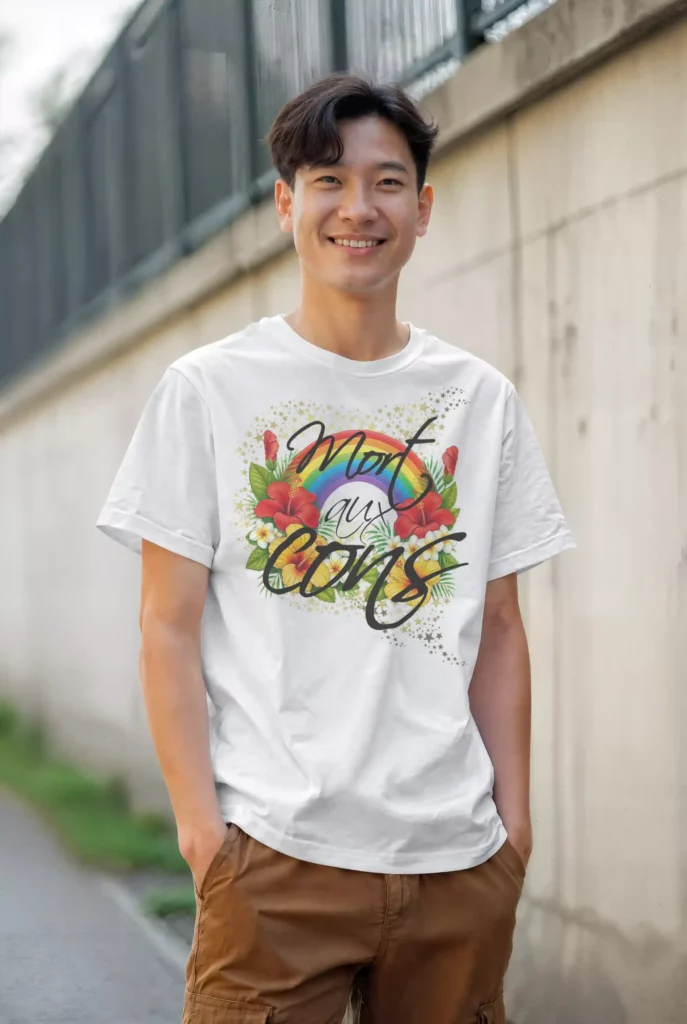 Tee-shirt blanc imprimé du slogan « Mort aux cons » en écriture noire, entouré d'un arc-en-ciel, de fleurs tropicales et d'étoiles dorées