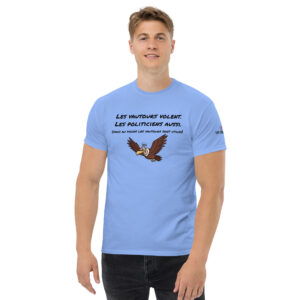 T-shirt satirique avec vautour cartoon aux ailes déployées et halo doré, illustrant une critique ironique des politiciens.