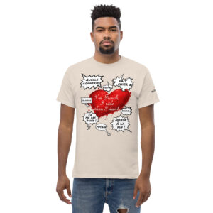 T-shirt avec cœur rouge « I’m French, I râle when I want » entouré de phylactères contenant des jurons français