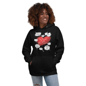 Hoodie avec cœur rouge « I’m French, I râle when I want » entouré de phylactères contenant des jurons français.