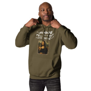 Hoodie avec la phrase « si la stupidité était un art, tu serais la Joconde » et une Joconde détournée faisant un doigt d’honneur.