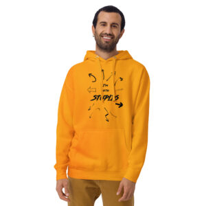 Hoodie avec le message « I’m with stupids » entouré de flèches blanches pointant dans toutes les directions.