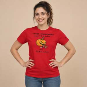 T-shirt col rond humour Halloween avec citrouille grimaçante et bonbons illustrant une satire du coût des costumes.