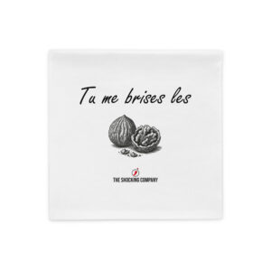 Housse de coussin humoristique 18x18 avec la phrase « Tu me brises les » en écriture manuscrite et un dessin de deux noix, dont une brisée, imprimé des deux côtés.