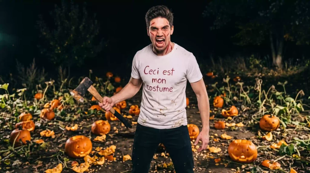 Un homme en colère tenant une hache dans un champ de citrouilles, portant un t-shirt blanc avec l inscription Ceci est mon costume