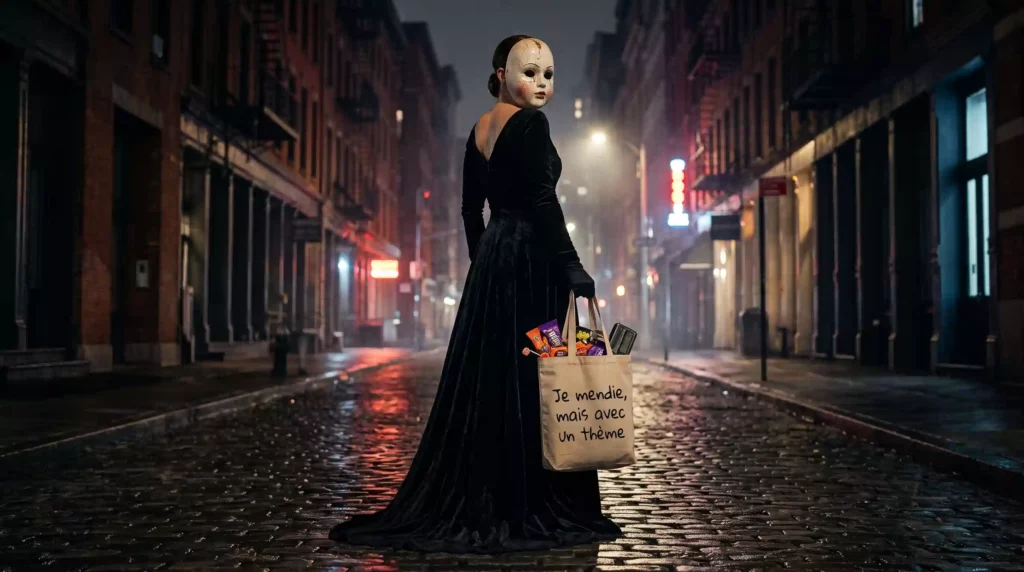 Une femme en robe noire portant un masque de poupée et un tote bag avec l inscription Je mendie mais avec un theme sur une rue pavée la nuit.