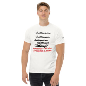 Design de t-shirt anti Halloween avec cinq tentatives manuscrites ratées et barrées d'écrire Halloween, au-dessus du slogan rouge « Impossible à écrire impossible à aimer ».